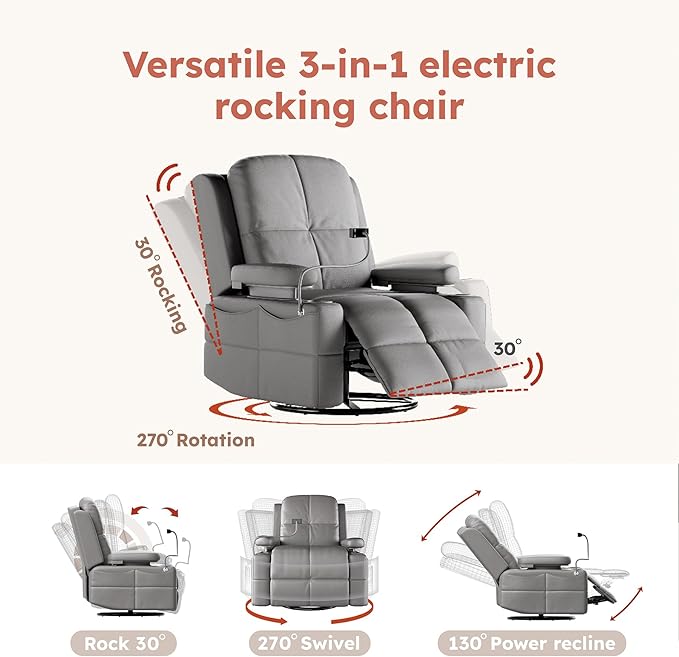 MAMAZING Triple Motor Power Swivel Rocker Recliner Chair with Adjustable Armrests for Adults, FSC Certified Faux Leather Rocking Chair Nursery for Breastfeeding, Dark Gray