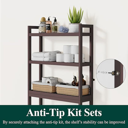 Smiry Over The Toilet Storage Cabinet, 3-Tier Bamboo Bathroom Organizers with Adjustable Shelf & 4 Hooks, Space Saving Shelf Rack for Bathrooms, Laundry Room, Balcony, Brown