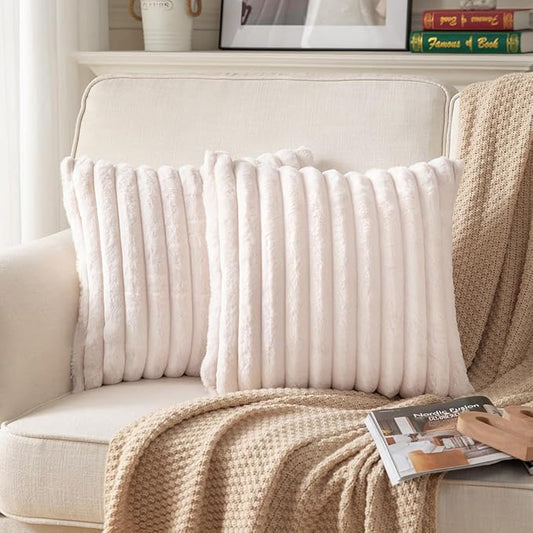 DEELAND Pack of 2,Double-Sided Faux Fur Plush Decorative Throw Pillow Covers Fuzzy Striped Soft Pillowcase Cushion Covers for Sofa Couch Bedroom Beige 22x22 inch