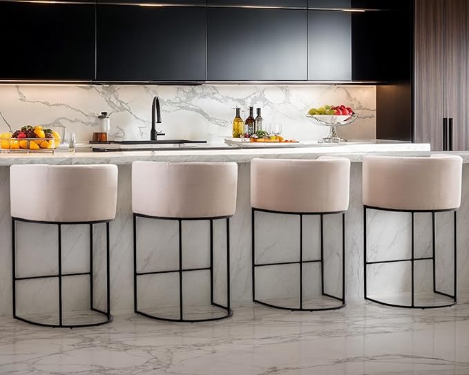 Contemporary Cream Linen Bar Stools Set of 4, 29" Upholstered Fabric Counter Height Barstools Kitchen Counter Island Stools with Screwed Together Black Metal Base