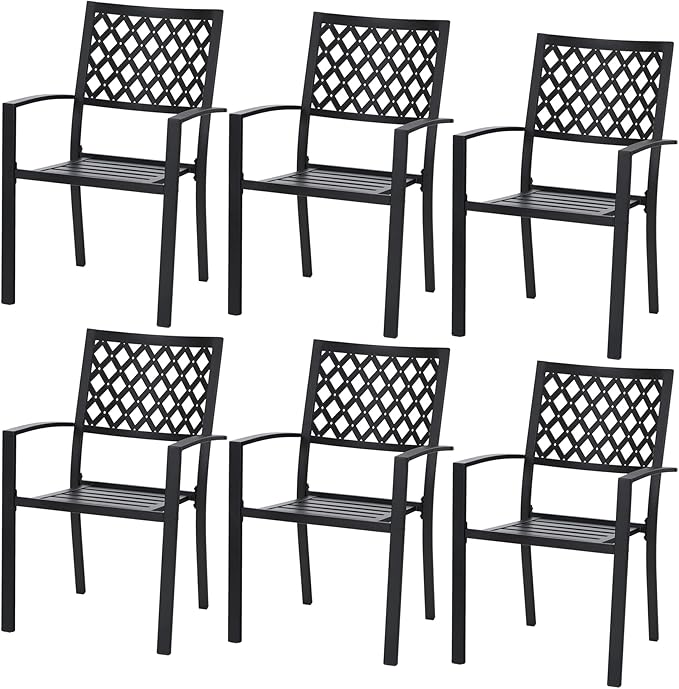 PHI VILLA Metal Outdoor Dining Chairs Set of 6 - Stackable Black Patio Chairs, 300lb Capacity (Diamond)