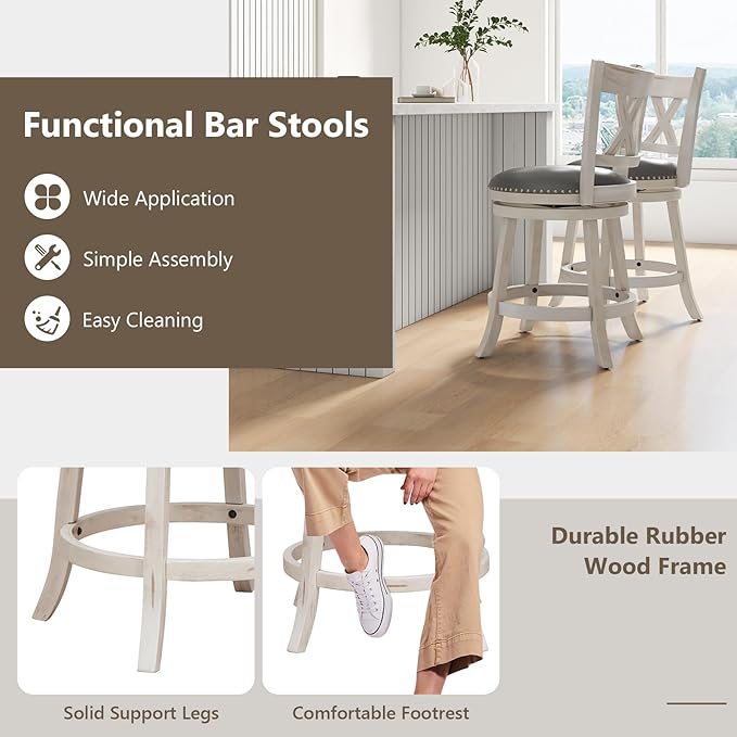 COSTWAY Bar Stool Set of 2 for Kitchen Island, 25.5” Swivel Armless Counter Height Stools with 20'' Wider Padded Seat, Ergonomic Curved Backrest, Rubber Wood Frame (2, Antique White + Gray)