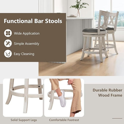 COSTWAY Bar Stool Set of 2 for Kitchen Island, 25.5” Swivel Armless Counter Height Stools with 20'' Wider Padded Seat, Ergonomic Curved Backrest, Rubber Wood Frame (2, Antique White + Gray)