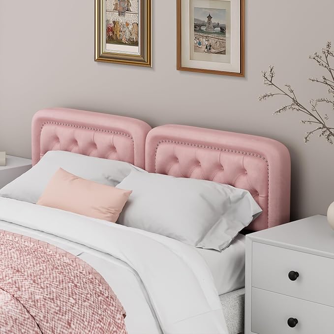 Tufted Upholstered Headboard Queen Size, Button Adjustable Height Queen Head Board Only, Sturdy and Durable Solid Wood with Nailhead Trim Headboards, Ideal for Bedroom, Dorm, Guest Room,Pink