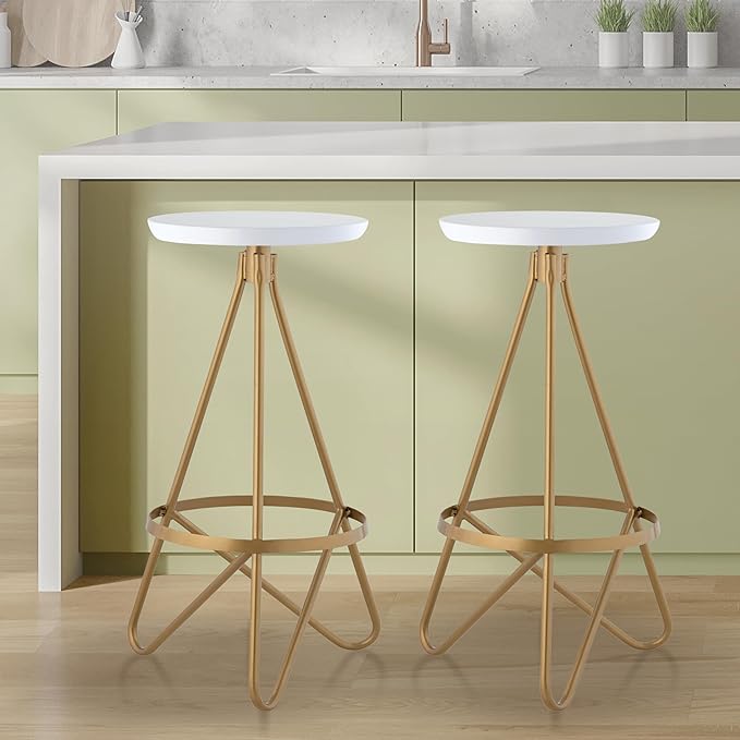 JONATHAN Y BSL1000D Spiroa 30" Modern Industrial Metal Backless Circular Bar Stool for Home, Kitchen, Dining Room, Workspaces, Cafes and Resturants, White Seat with Gold Frame