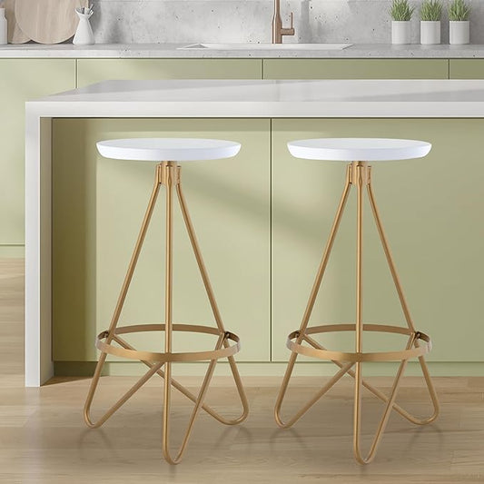 JONATHAN Y BSL1000D Spiroa 30" Modern Industrial Metal Backless Circular Bar Stool for Home, Kitchen, Dining Room, Workspaces, Cafes and Resturants, White Seat with Gold Frame