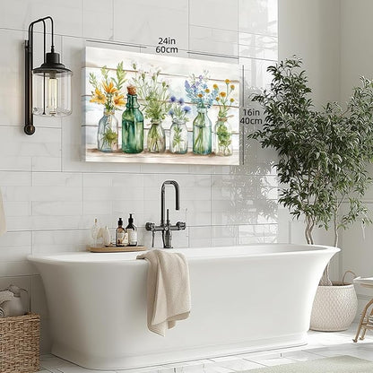 HLXRAE Green Bathroom Wall Art, Vintage Rustic Farmhouse Wall Decor, Watercolor Floral Canvas Painting, Sage Green Plant Aesthetic Picture for Bathroom Laundry Room Decor 16x24 inch