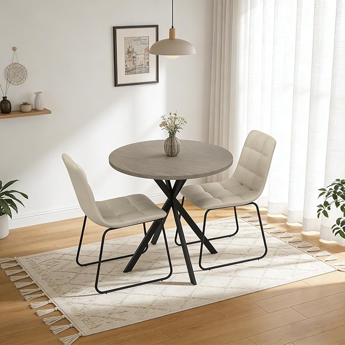 31.5" Round Dining Table Chairs Set for 2, Small Dining Table Chairs Set Space-Saving, Small Dinette Sets for 2 for Kitchen Dining Room Apartment(Gray Table + Beige Chairs)