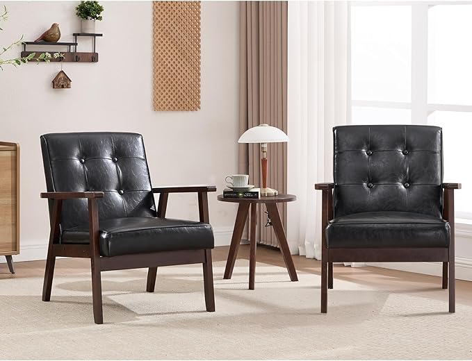 ANJ Mid Century Modern Accent Chairs, Set of 2, Black Faux Leather, Button Tufted with Wood Frame, Living Room Armchairs