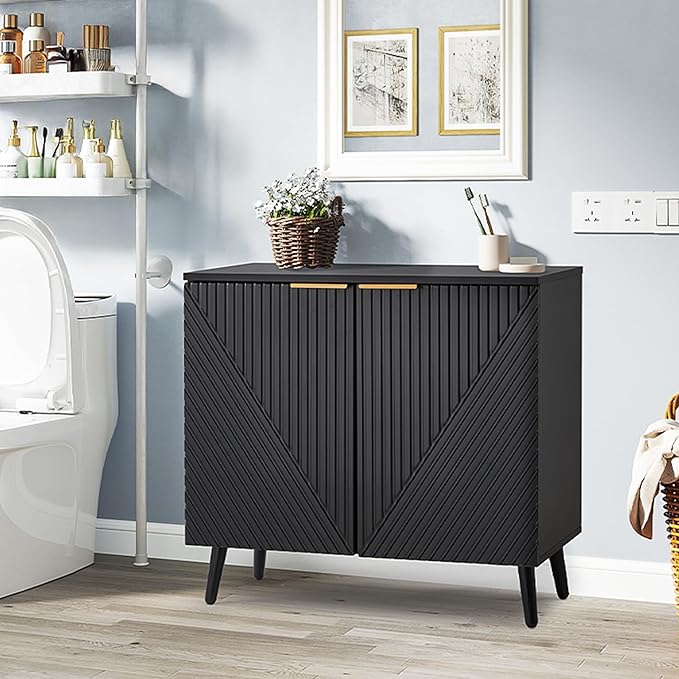 Fluted Black Storage Cabinet with Doors, Wood Sideboard Buffet Cabinet with Adjustable Shelf, Modern Accent Table for Living Room, Entryway