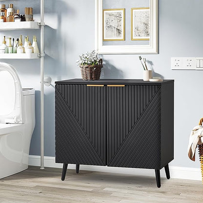 Fluted Black Storage Cabinet with Doors, Wood Sideboard Buffet Cabinet with Adjustable Shelf, Modern Accent Table for Living Room, Entryway