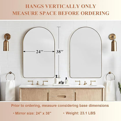 ANDY STAR Arched Mirror, 24 x 38 Inch Gold Vanity Mirror in Stainless Steel Metal Frame, Arch Top Rounded Corner 1 Inch Deep Set Design Wall Mount Hangs Vertical