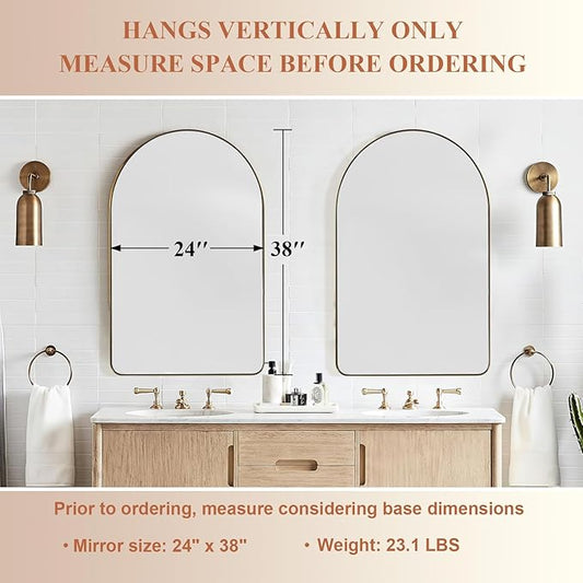 ANDY STAR Arched Mirror, 24 x 38 Inch Gold Vanity Mirror in Stainless Steel Metal Frame, Arch Top Rounded Corner 1 Inch Deep Set Design Wall Mount Hangs Vertical
