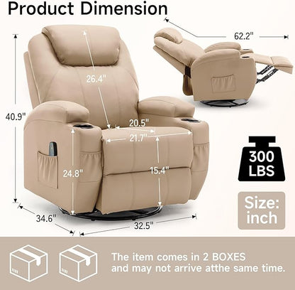 Recliner Chair, Rocking Chair with Massage and Heat, 360° Swivel Recliner Chairs for Adults, Rocker Manual Recliner with Remote Control and Cup Holder for Living Room, Bedroom, Nursery
