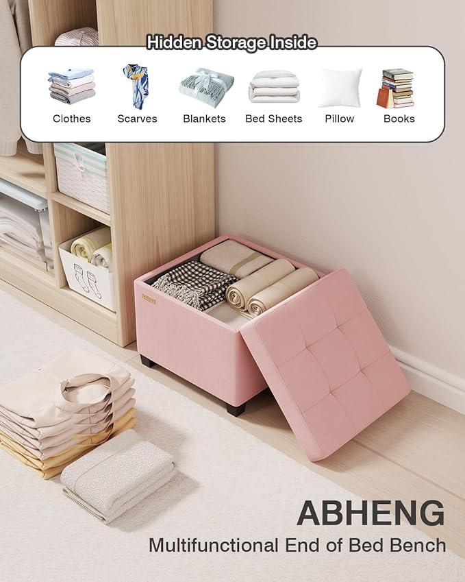 17.7 inches Velvet turfed Ottomans Cube with Storage, Metal-Framed Square Storage Ottoman Foot Rest Stool Holds 770 LB for Dorm Living Room Bedroom Pink UASND64P