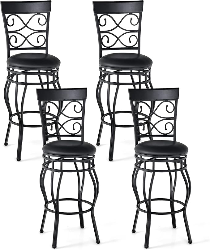 COSTWAY Bar Stools Set of 4, 360 Degree Swivel, 30" Bar Height Bar stools, with Leather Padded Seat Bistro Metal Vintage Chairs with Back for Kitchen Island, Pub (Set of 4)