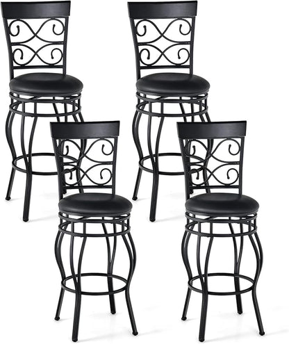 COSTWAY Bar Stools Set of 4, 360 Degree Swivel, 30" Bar Height Bar stools, with Leather Padded Seat Bistro Metal Vintage Chairs with Back for Kitchen Island, Pub (Set of 4)