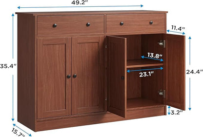 49" Brown Buffet Cabinet with Doors & Drawers, Modern Kitchen Storage Sideboard, Coffee Bar Console for Dining Room, Living Room, Entryway