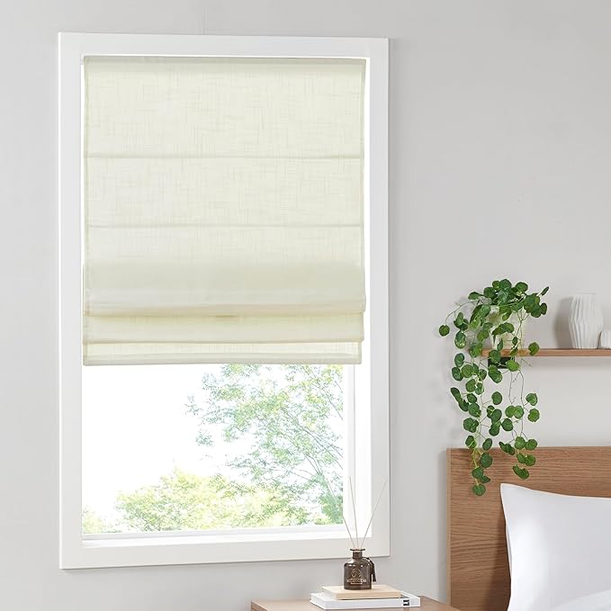 Madison Park Kyler Cordless Roman Shades - Single Panel, Lightweight Linen Blend Fabric, Natural Design, Easy Installation, Light Filtering Window Blind, Bedroom, Living Room Decor 35"W x 64"H Ivory