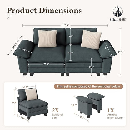 HERA'S HOUSE 88" Modular Sectional Sofa, Loveseat Couches for Living Room, Comfy Cloud Couch 2-Seater Deep Seat Sofa with Throw Pillow, Chenille Blue