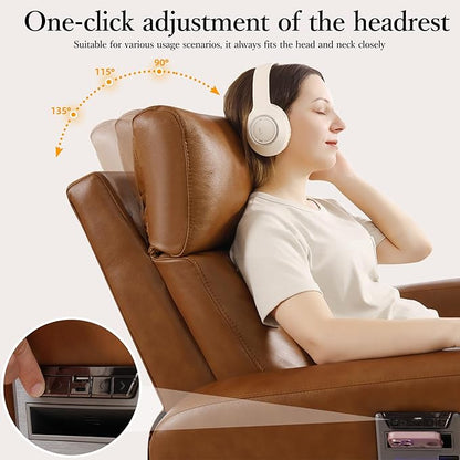 Genuine Leather Power Swivel Recliner Chair, Glider Electric Rocking Chair for Adults. Nursery Rocker Sofa Chair with Adjustable Headrest for Living Room. Wireless Charging/Type-C&USB, Brown