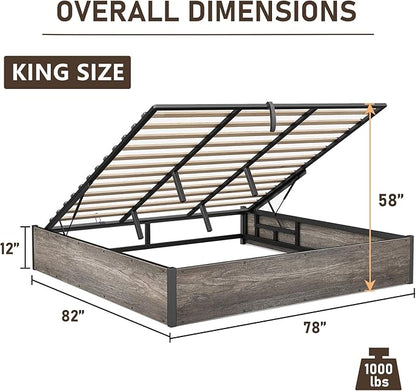 Lift Up Storage Bed Frame, King Size Wooden Platform Bed with Large Storage Underneath, No Box Spring Needed, Noise Free, Rustic Grey