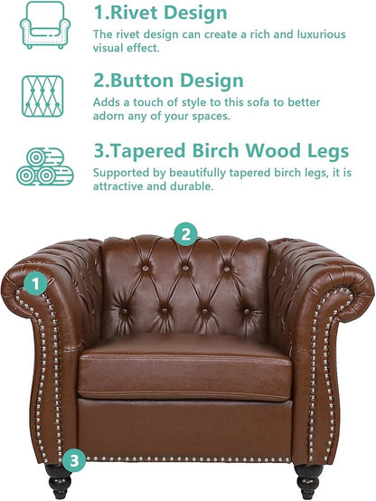 Living Room Chair, Modern Leather Chesterfield Sofa Chair, Mid Century Single Sofa Couch Chair with Tufted Back and Rolled Arms, Accent Sofa Chair for Living Room Apartment, Brown