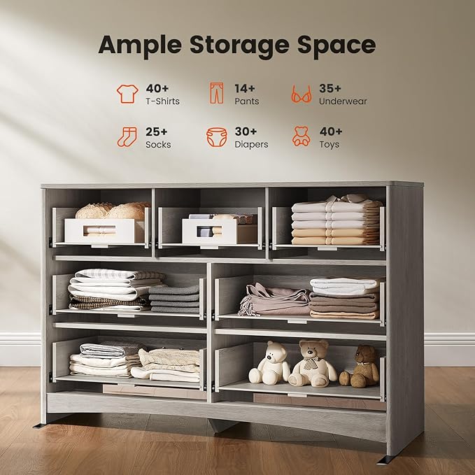 Amada Modern 7 Drawer Dresser, Fluted Wood Chest of Drawers with Rounded Corners, Pre-Installed Drawer Slides, Dresser TV Stand and Storage Organizer for Bedroom, Hallway, Grey
