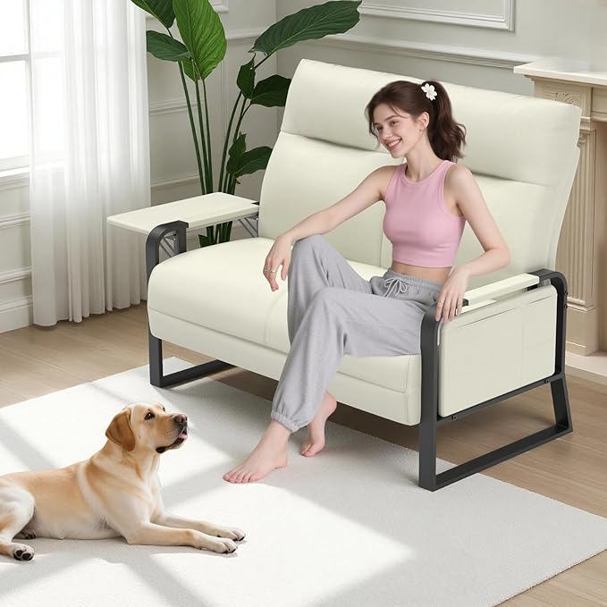 Faux Leather Loveseat Couch for Living Room Bedroom Office, Small Sofa 2 Seater Couch with Flip Up Tray Table Side Pockets Leather Loveseats, Beige