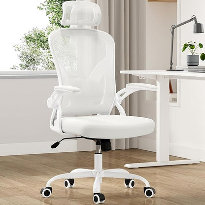 Farini Ergonomic Office Chair, Home Office Desk Chair with Headrest, High Back Computer Chair with Armrests and Adjustable Lumbar Support for Home Office Study Room, White & White