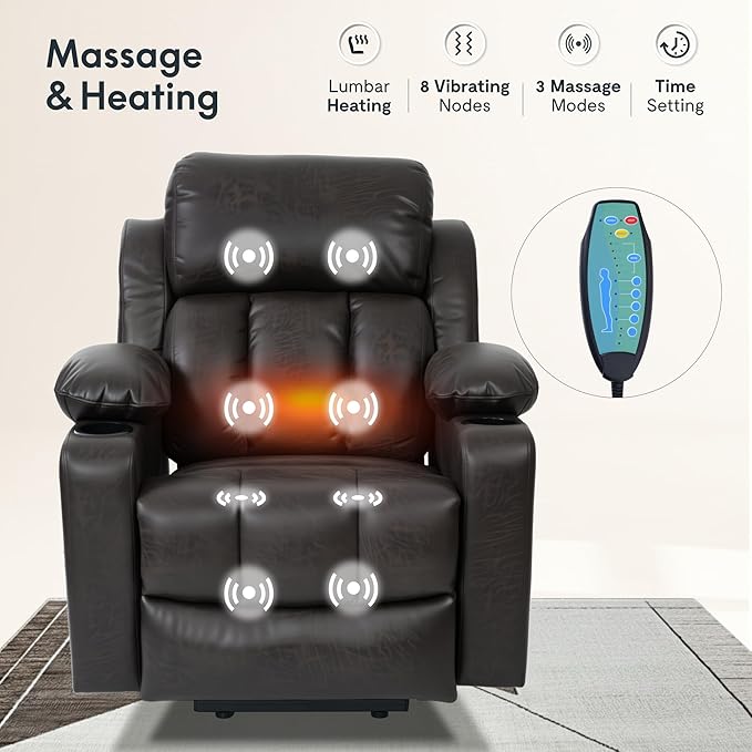 FLEXISPOT XL31-L Power Lift Recliner Chair for Elderly, Electric Lift Chair with Massage & Heat, PU Leather Reclining Sofa with Cup Holders, Side Pockets for Living Room Bedroom(Large Size, Charcoal)