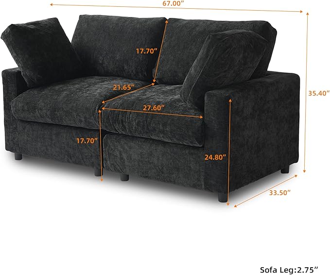 WJShome Sectional Couches for Living Room, 67 Inch Loveseat Sofa with Chenille Upholstery & Double Layer Cushions, Modern Apartment Size Modular Couch for Bedroom，Black
