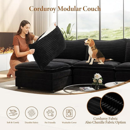 Vesgantti 142" Oversized Sectional Sofa Bed, 8-Seater Modular Sleeper Cloud Couch with Movable Ottoman, Corduroy Convertible Sofa Set Deep Seat Couches for Living Room, Bedroom and Apartment, Black