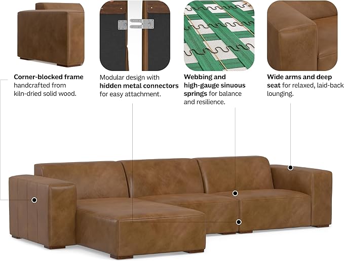 SIMPLIHOME Rex Left-Facing Modular Sectional Sofa in Full-Grain Genuine Leather, Caramel Brown, 122-inches Wide, Handcrafted Modern-Style 4-Seater L-Shaped Leather Couch with Left Chaise