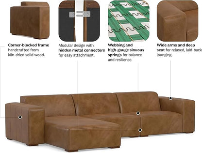 SIMPLIHOME Rex Left-Facing Modular Sectional Sofa in Full-Grain Genuine Leather, Caramel Brown, 122-inches Wide, Handcrafted Modern-Style 4-Seater L-Shaped Leather Couch with Left Chaise