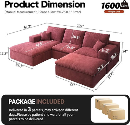107'' U-Shaped Modern Modular Sectional Cloud Couch Whit Ottoman, 4-Seat Chenille Deep-Seat Sofa with Pillow for Living Room, Bedroom, Apartment, Wine Red