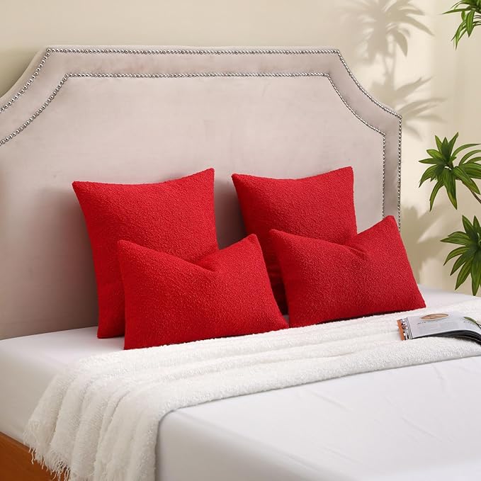 FUTEI Christmas Pack of 2 Red Decorative Throw Pillow Covers 26x26 Inch Soft Cozy Solid Boucle Textured Euro Pillow Shams,Modern Home Decor for Couch Bed Living Room