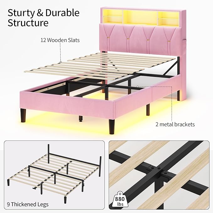 Twin Bed Frames with Storage Headboard,Power Outlet, LED Lights,Velvet Upholstered Platform Bed Twin for Kids, Pink Bed Frame with 5 Storage Shelves for Girls, No Box Spring Needed, Pink