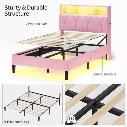 Twin Bed Frames with Storage Headboard,Power Outlet, LED Lights,Velvet Upholstered Platform Bed Twin for Kids, Pink Bed Frame with 5 Storage Shelves for Girls, No Box Spring Needed, Pink