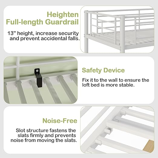 VECELO Metal Loft Bed Twin Size with Desk, Heavy Duty Bedframe with Removable Ladder and Safety Guardrail, Space-Saving, Noise Free, No Box Spring Needed, Off White
