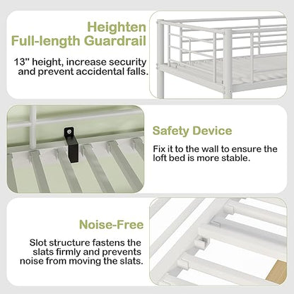 VECELO Metal Loft Bed Twin Size with Desk, Heavy Duty Bedframe with Removable Ladder and Safety Guardrail, Space-Saving, Noise Free, No Box Spring Needed, Off White