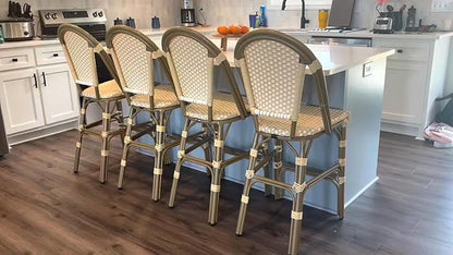 PURPLE LEAF French Bar Stool Set of 2 Bamboo Print Finish Patio Bar Stools with Back Rattan Bar Chairs Wicker Bar Height Stool 30" with Footrest Kitchen Island Stools Outdoor Barstool Cream Yellow