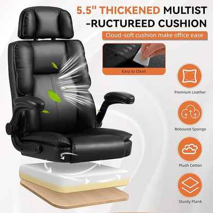 Comfortable Office Chair,Executive Leather Computer Chair with Lumbar Support,Adjustable Height & Armrests,Black