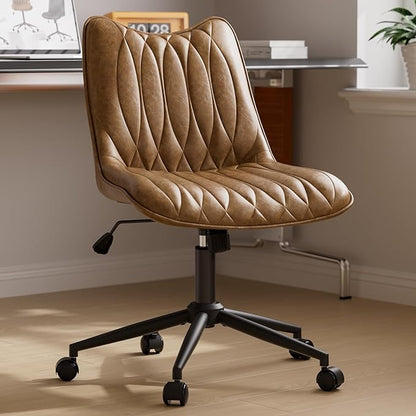 Armless Desk Chair, Armless Office Chair with Wheels, Small Desk Chair No Arms for Home Office, Swivel Vantiy Chair with Backs for Bedroom, Rolling Task Chair for Small Space, Brown