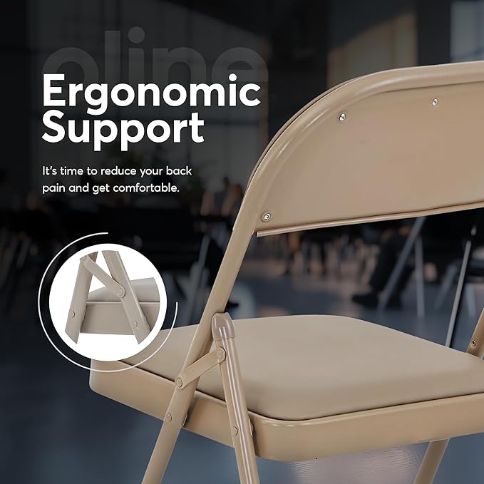 Oline Vinyl Folding Chairs, Padded Vinyl Cushion Chairs with Durable Metal Frame, Indoor Outdoor Stackable Foldable Guest Chairs for Office Wedding Kitchen Dining, 300lb Capacity (Khaki, 2 Pack)