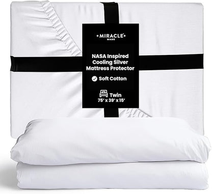 Miracle Made Mattress Protector – Silver-Infused Cotton Fabric – Water-Resistant, Thermoregulating Cover for Sensitive Skin – Compatible with 3-Temperature Zone Comforter, Twin, White