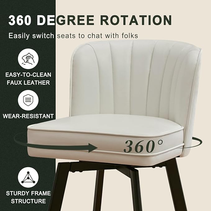 Swivel Counter Height Bar Stools Set of 4, 26'' Modern Barstools with Backs and Metal Legs, Upholstered Bar Chairs, Faux Leather White Stools for Kitchen Island Chairs