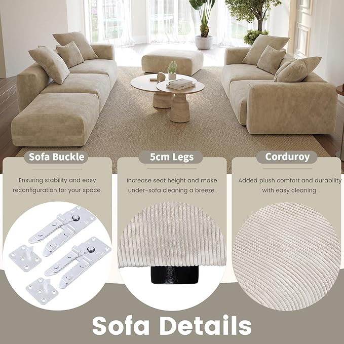 WJShome Cloud Couch Modular Sectional Sofa,181.1inch U Shape Couch,Oversized Corduroy Couches with Ottoman and 6 Pillows,Cushion Covers Removable& Washable,Beige