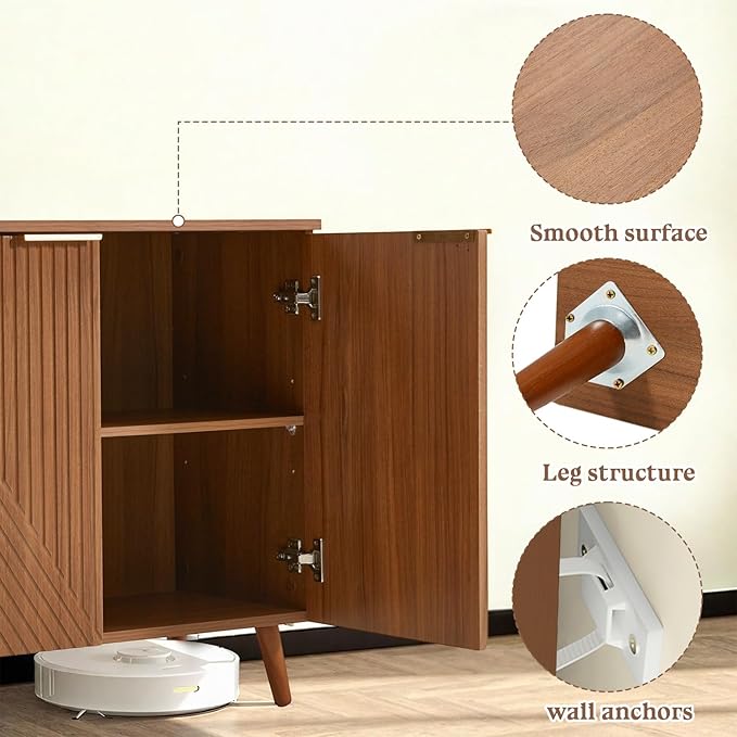 Fluted Brown Storage Cabinet with Doors, Wood Sideboard Buffet Cabinet with Adjustable Shelf, Modern Accent Table for Living Room, Entryway