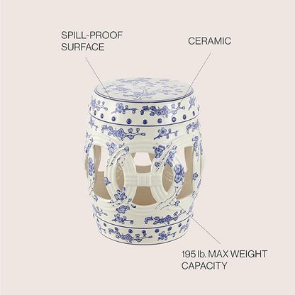 JONATHAN Y TBL1027A Lucky Coins 16" Chinese Ceramic Drum Indoor/Outdoor Garden Stool Bohemian, Coastal, Classic, Cottage, French Country, Patio, Garden Room, Bathroom, Living Room, Blue/White